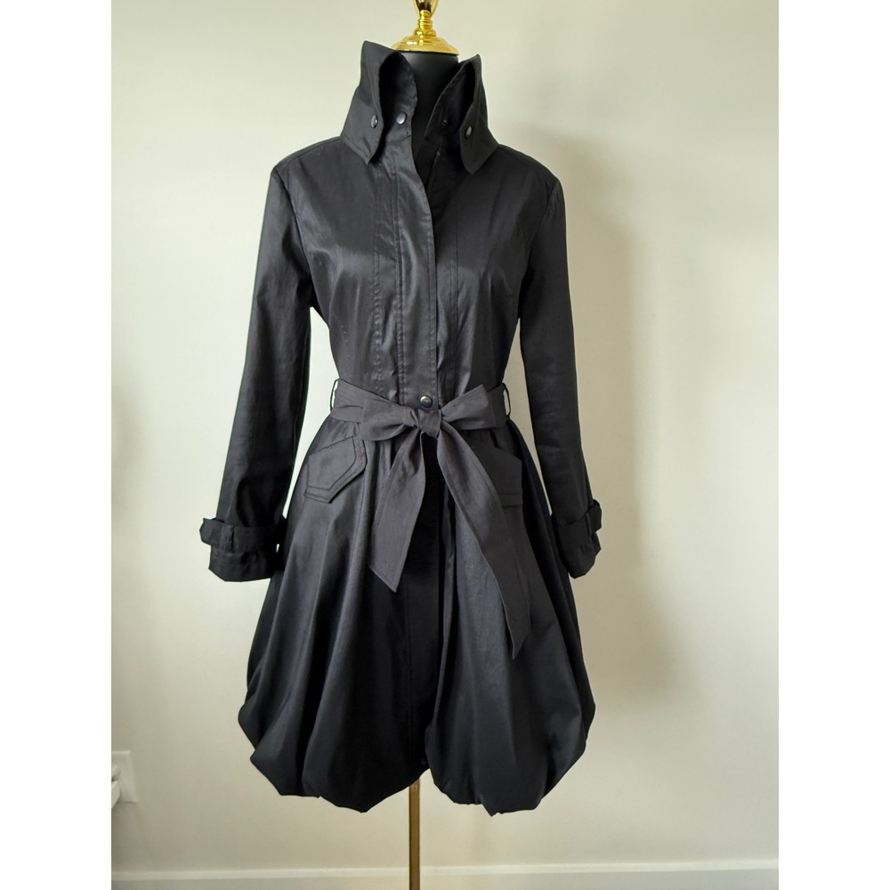 D&Y Black Bubble Hem Trench Coat Womens Medium High Collar Belted Jacket